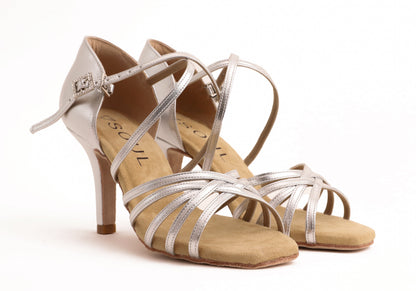 Eva Silber Leder 8,5 cm Slim – Tanzschuhe Damen Latein &amp; Bachata SOUL